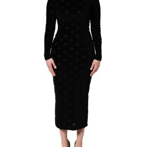 Black Dg Logo Long Sleeves Cotton Midi Dress