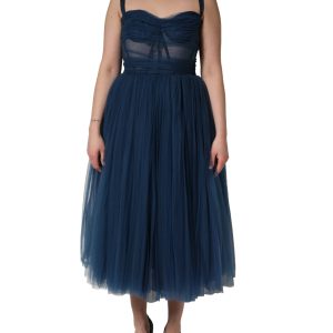 Blue Tulle Midi A-line Sleeveless Dress