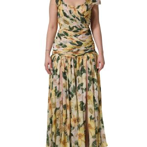 Yellow Silk Floral Print Pleated Maxi Dress