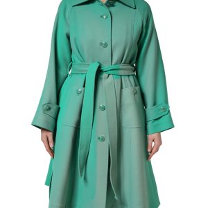 Green Buttoned Down Belt Trench Coat Jacket