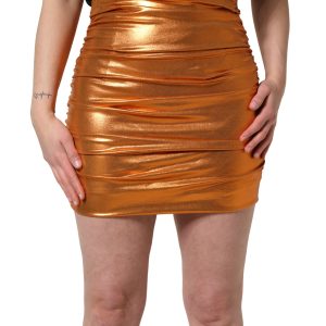 Metallic Orange Ruched Lame Bodycon Mini Skirt