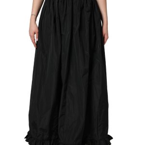 Black High Waist Pleated A-line Long Maxi Women Skirt