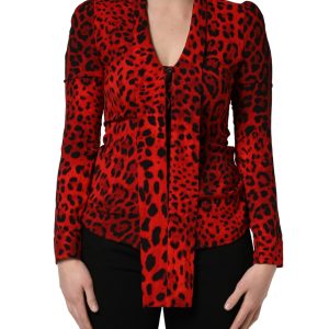 Red Leopard Print Long Sleeves Blouse Top