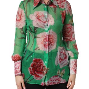 Green CarnationPrint Silk Collared Blouse Top