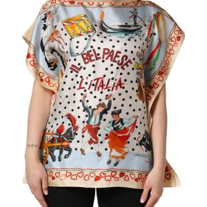 Multicolor Italy Scenes Graphic Silk Top