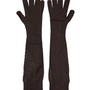Brown Cashmere Knitted Elbow Length Mitten Gloves