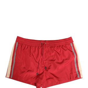 Red Polyester Men Drawstring Shorts Swimwear