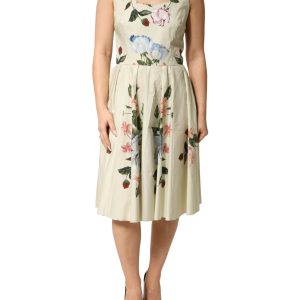 Beige Floral Sleeveless A-line Midi Dress