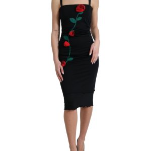 Black Wool Sleeveless Rose Applique Dress