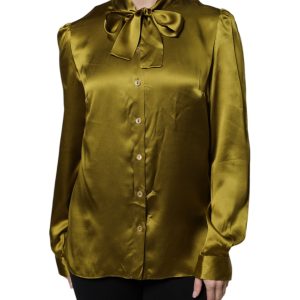 Green Satin Long Sleeve Ascot Tie Shirt Top