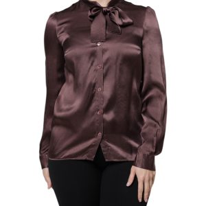 Violet Satin Long Sleeve Ascot Tie Shirt  Top