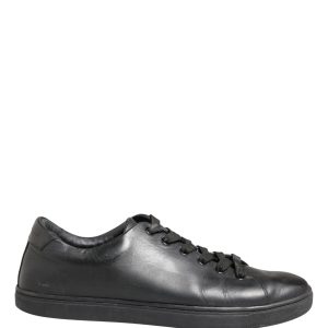 Black Leather Low Top Lace Up Sneakers Shoes