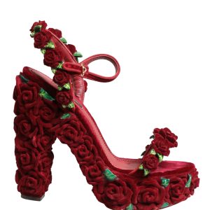 Red Rose Embellished Platform Sandals Shoes