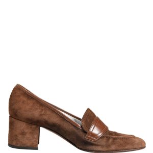 Brown Suede Block Heels Slip On Loafers Shoes