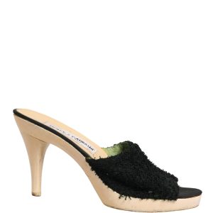 Black Fabric Fur Mule Wood Platform Heel Shoes