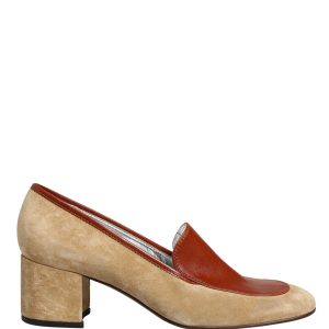 Beige Leather Suede Block Heel Loafers Shoes