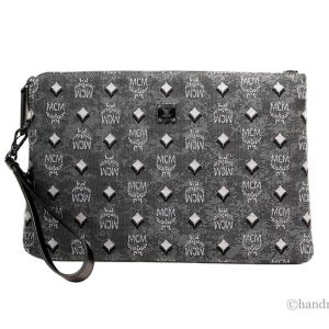 MCM Veritas Medium Dark Grey Denim Monogram Logo Canvas Clutch Pouch Handbag