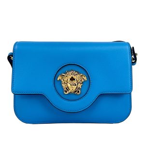 Versace La Medusa Blue Leather Shoulder Crossbody Bag Purse
