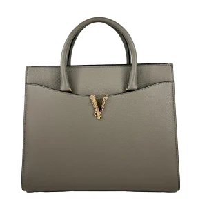 Versace Virtus Large Leather Top Handle Satchel Bag Tote Gray