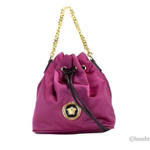 Versace Small Dahlia Nylon Medusa Pendant Bucket Chain Crossbody Bag Purse