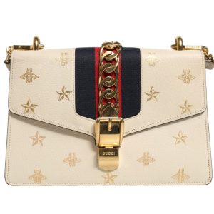 Cream Leather with a Bee and Star Print Leather Sylvie Crossbody Bag