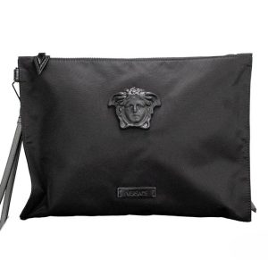 Versace Large Black Nylon Fabric Medusa Convertible Pouch Clutch Wristlet Bag
