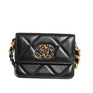 Chanel 19 Flap Coin Purse Quilted Leather Black Crossbody