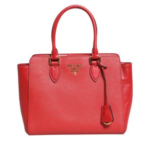 Red Saffiano Lux and Soft Leather Small Tote
