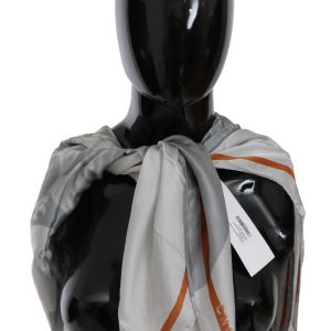 Gray Orange Silk Floral Foulard Wrap Scarf