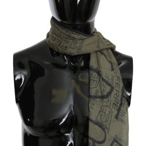 Green Wool Viscose Foulard Patterned Branded Scarf