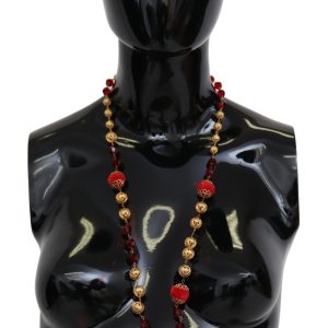 Gold Tone Brass Red Crystals Pendant Opera Chain  Necklace
