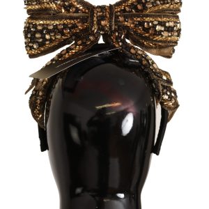 Gold Crystal Beaded Sequined Silk Bow Headband Diadem