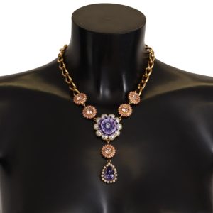 Gold Brass Crystal Purple Pink Pearl Pendants Necklace