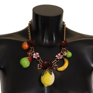 Gold Brass Sicily Fruits Roses Statement Necklace