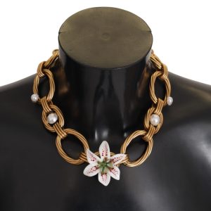 Gold White Lily Floral Chain Statement Necklace