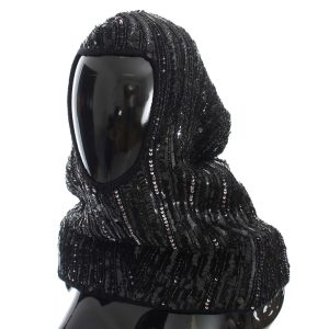Black Knitted Sequin Hood Scarf Hat