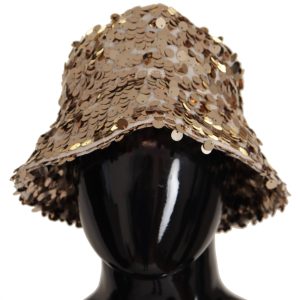 Gold Silk Sequin Embellished Designer Brim Bucket Hat