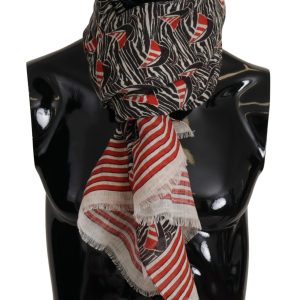 Black Red Linen Sailboat Stripe Print Shawl Scarf