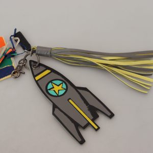 Multicolor Rocket Ship Silver Tone Metal Keychain