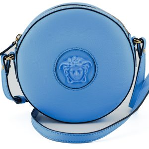 Blue Calf Leather Round Disco Shoulder Bag