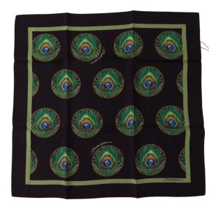 Black Peacock Feather DG Printed Square Handkerchief Scarf