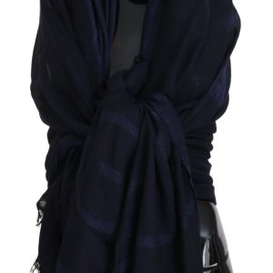 Dark Blue Wool Neck Wrap Shawl Fringes Scarf
