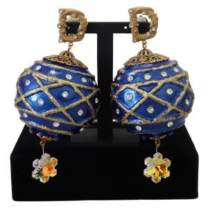 Gold Brass Blue Dangle Ball Crystal Clip On Earrings
