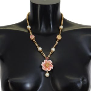 Gold Tone Floral Crystals Pink Embellished Necklace