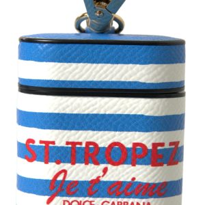 Blue Stripe Dauphine Leather Logo Print Airpod Case