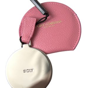 Pink Calfskin Leather Round Logo Print Hand Mirror Holder