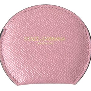 Pink Calfskin Leather Round Logo Print Hand Mirror Holder