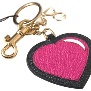 Black Fuchsia Heart Leather Gold Metal Keyring Keychain