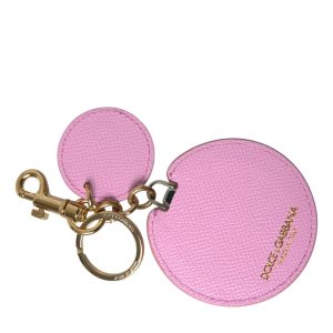 Pink Calf Leather Gold Metal Logo Print Keyring Keychain