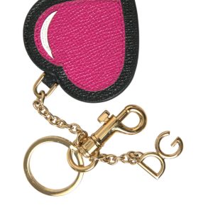 Pink Black Heart Leather Gold Tone Brass Keyring Keychain